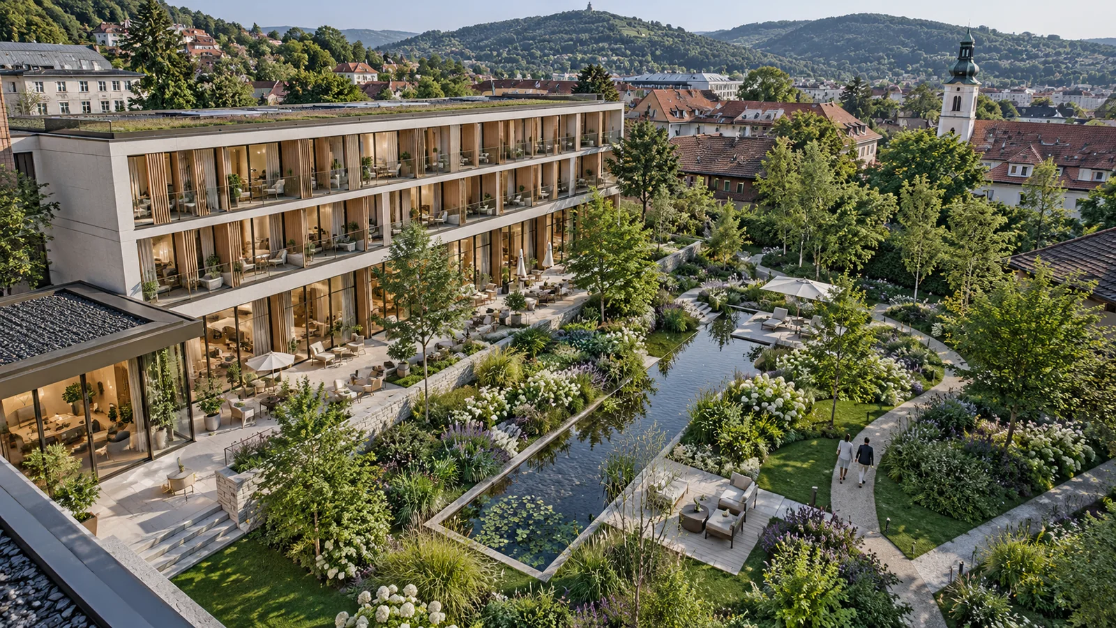 Aerial view of a modern hotel with a landscaped garden and reflecting pond in Graz — 3D Floor Plan