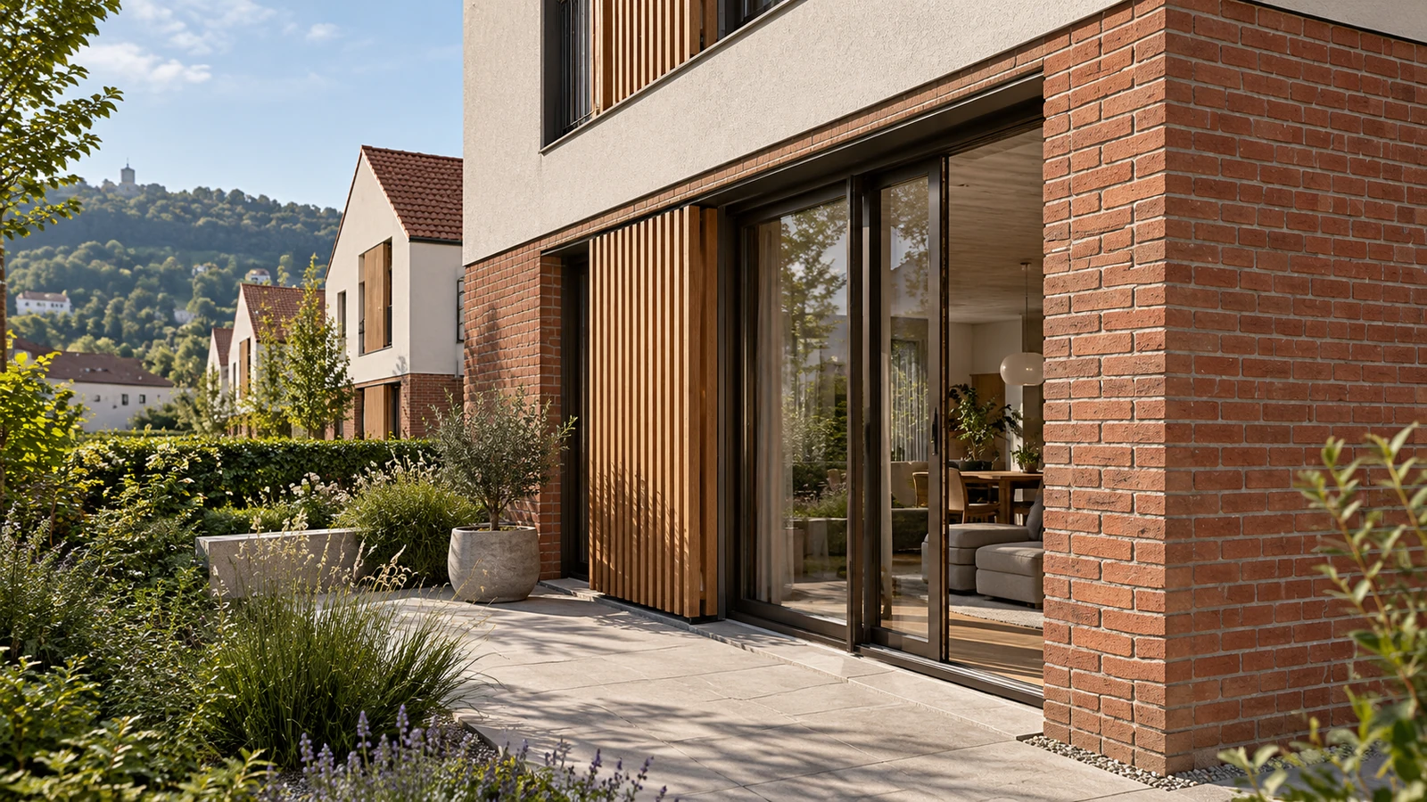 Graz townhouse brick and timber facade with sliding glass doors and patio garden — Exterior Rendering