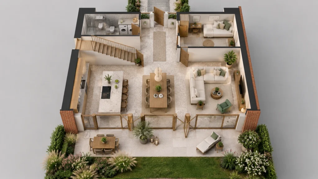 Furnished ground floor 3D plan showing an open-plan kitchen, living zones, bedrooms and terrace in Graz, Austria