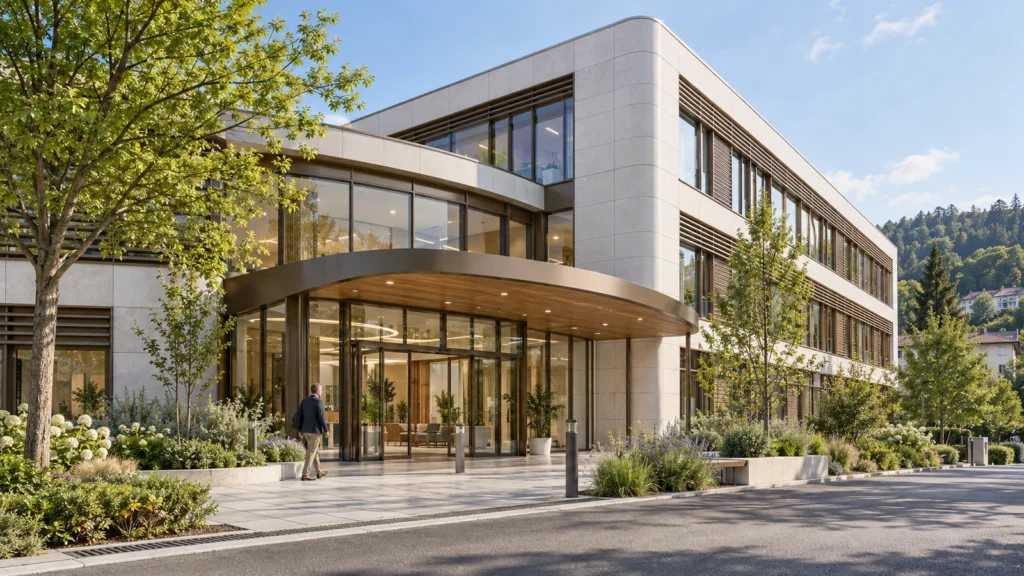 Modern three-storey healthcare clinic exterior with glass facade and curved canopy in Graz Austria