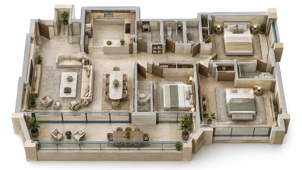 Conceptual three-bedroom Kuwait City apartment 3D floor plan with living dining kitchen bedrooms and deep balcony