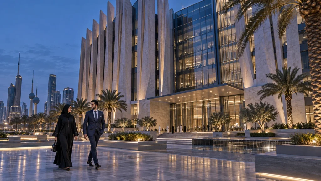 Commercial office building facade illuminated at blue hour in Kuwait City โ Masterplan Visualization Kuwait