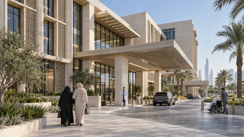 Modern hospital and clinic exterior entrance with landscaped drop-off in Kuwait City — 3D Architectural Visualization Kuwait City