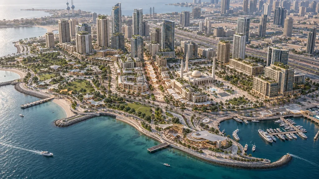 Aerial masterplan visualization showing urban coast and cityscape in Kuwait City