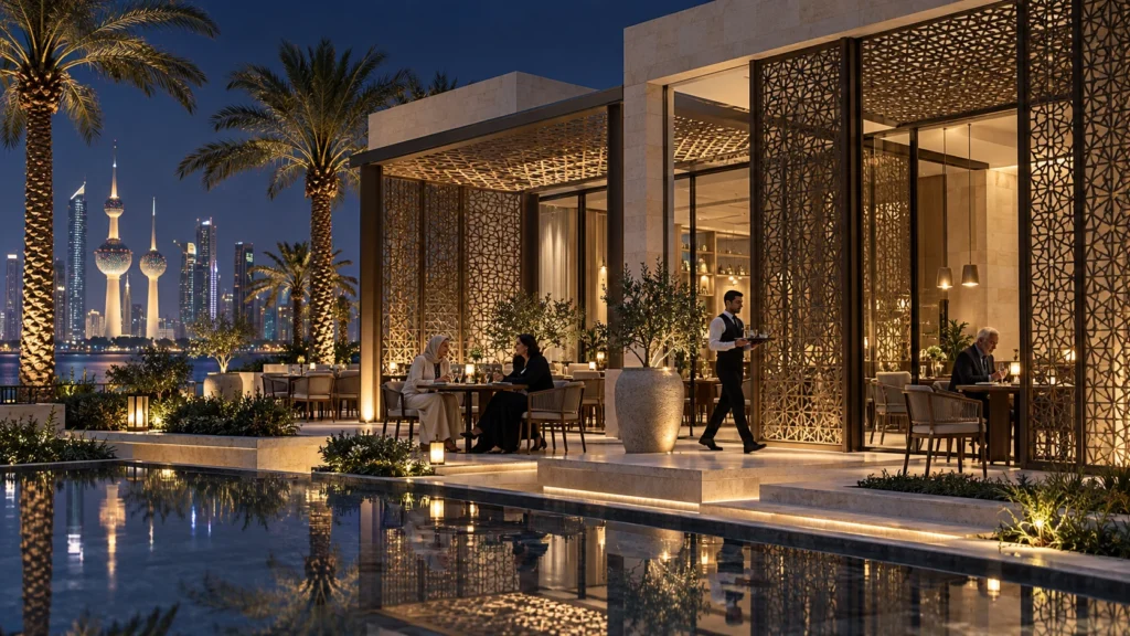 Luxury restaurant and cafe terrace at night with city skyline in Kuwait City โ 3D Rendering Services Kuwait