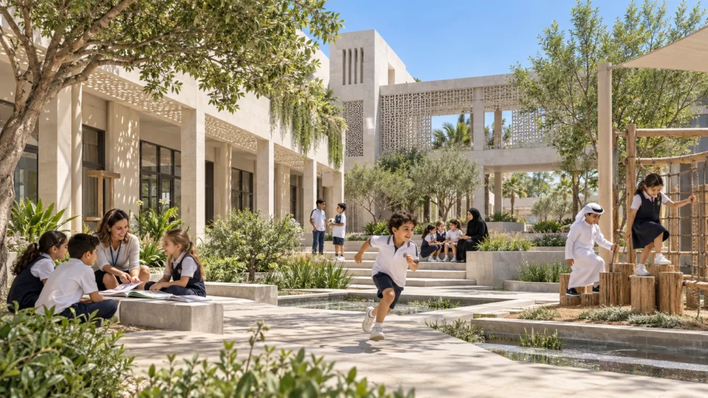 School courtyard with playing children and modern educational architecture in Kuwait City โ Real Estate 3D Visualization Kuwait