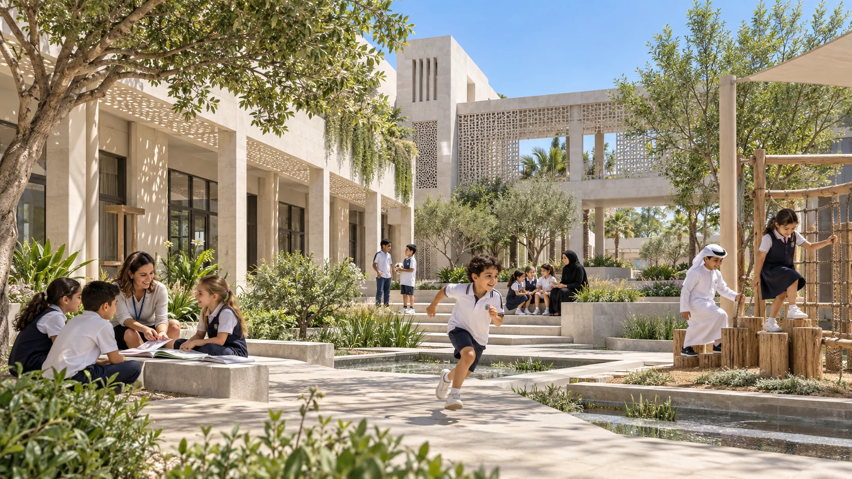 School courtyard with playing children and modern educational architecture in Kuwait City — Real Estate 3D Visualization Kuwait