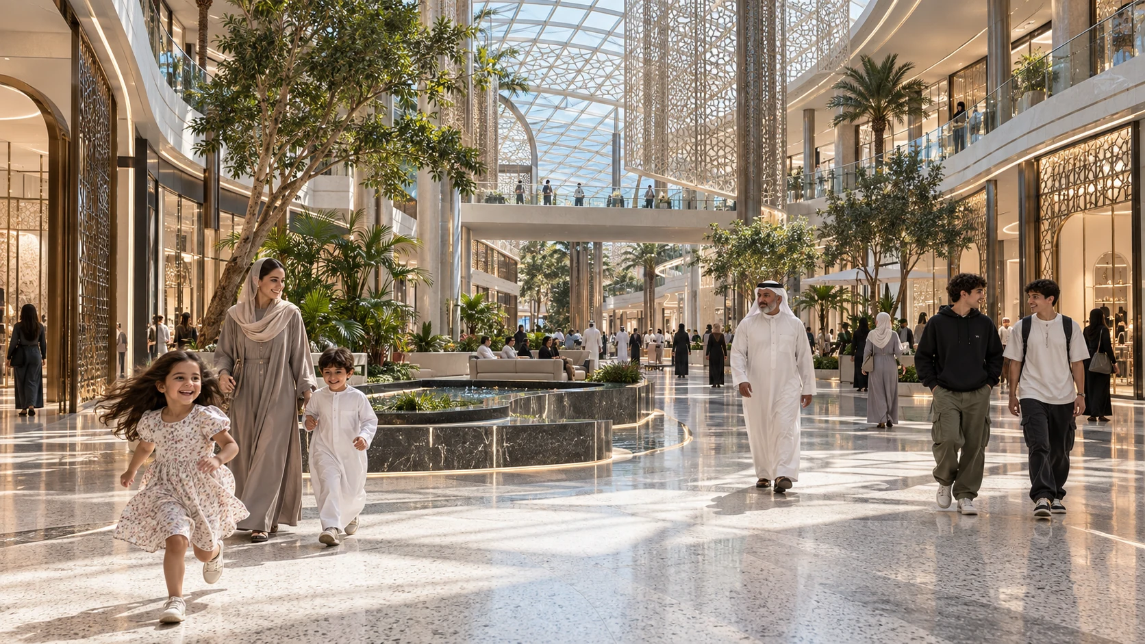 Shopping mall interior atrium with glass roof and visitors in Kuwait City — 3D Rendering Services Kuwait