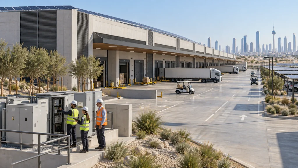 Industrial warehouse complex exterior with loading bays and trucks in Kuwait City