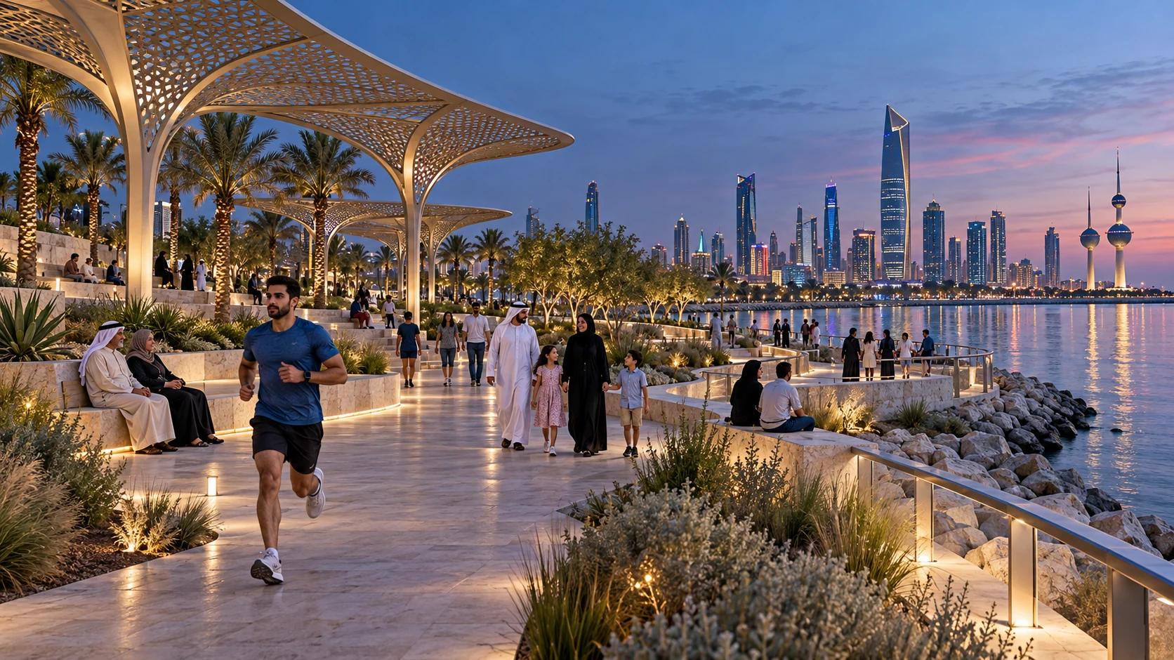 Public waterfront park at blue hour with walking citizens in Kuwait City — Masterplan Visualization Kuwait
