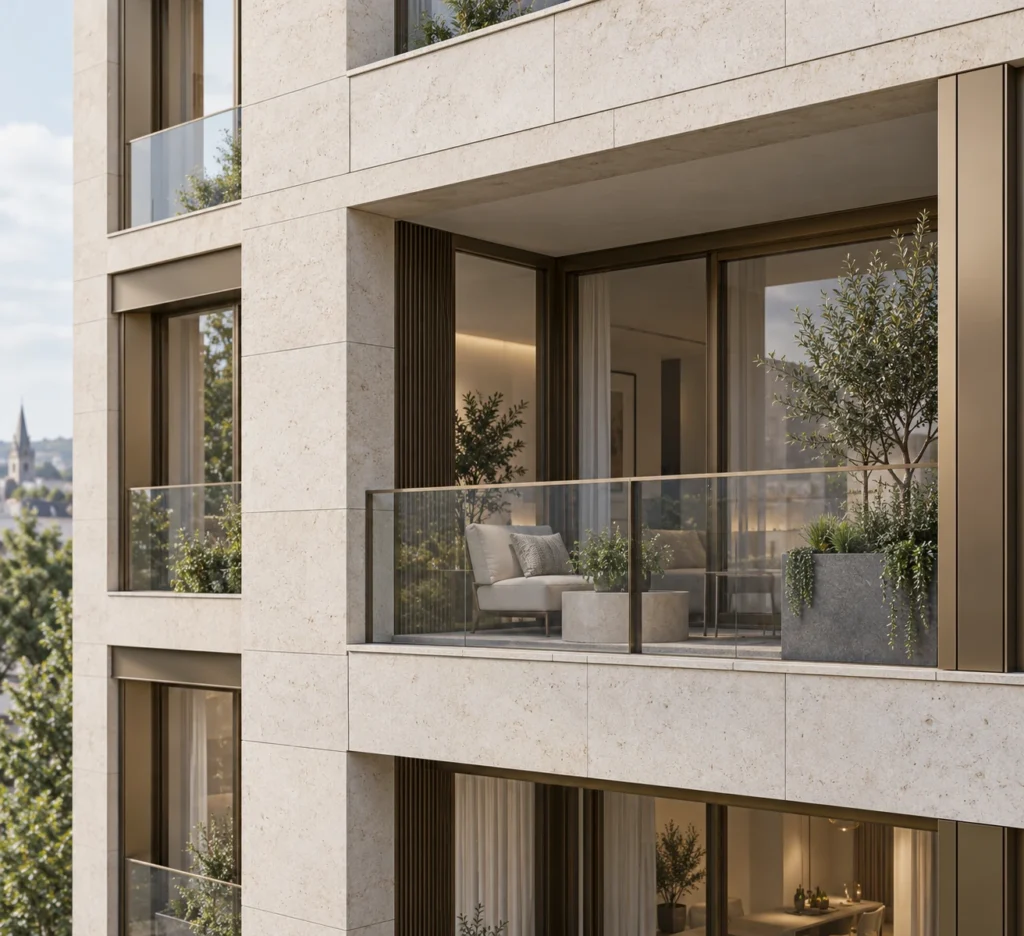 Apartment balcony detail with modern glass railing and planters — Architectural Visualization Studio