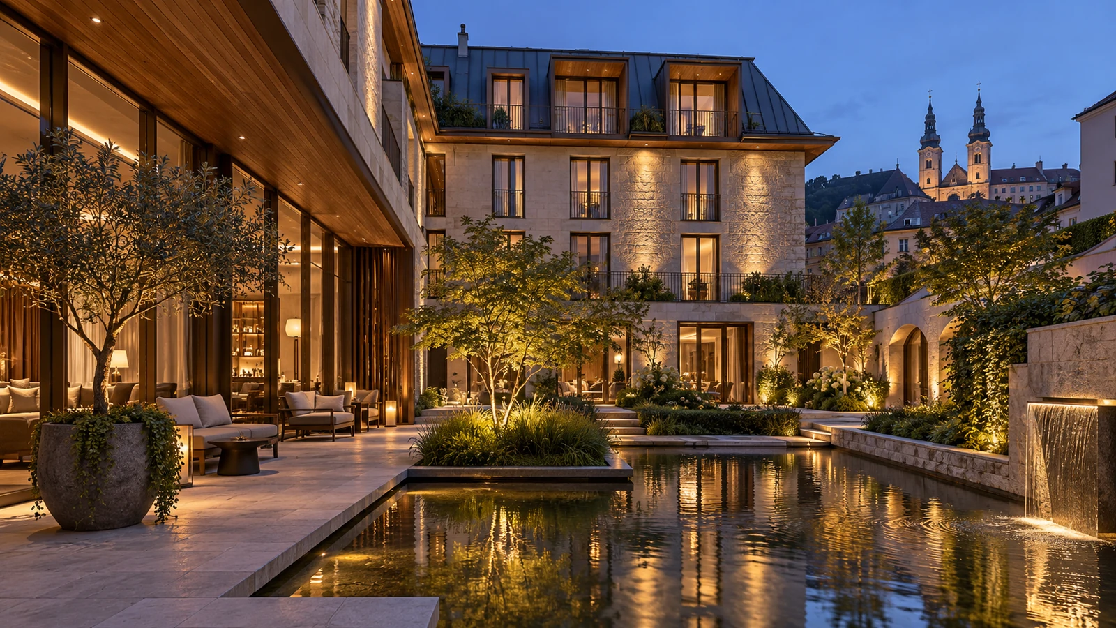 Boutique hotel courtyard illuminated at dusk with reflecting pool — Real Estate Developers