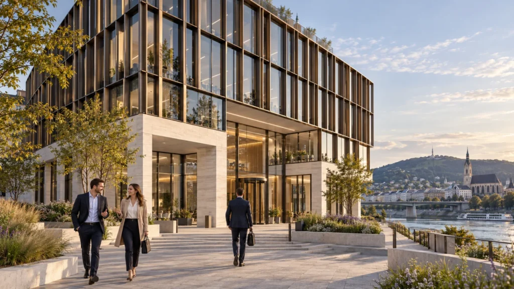 Commercial office exterior building facade alongside river setting — Architectural Design