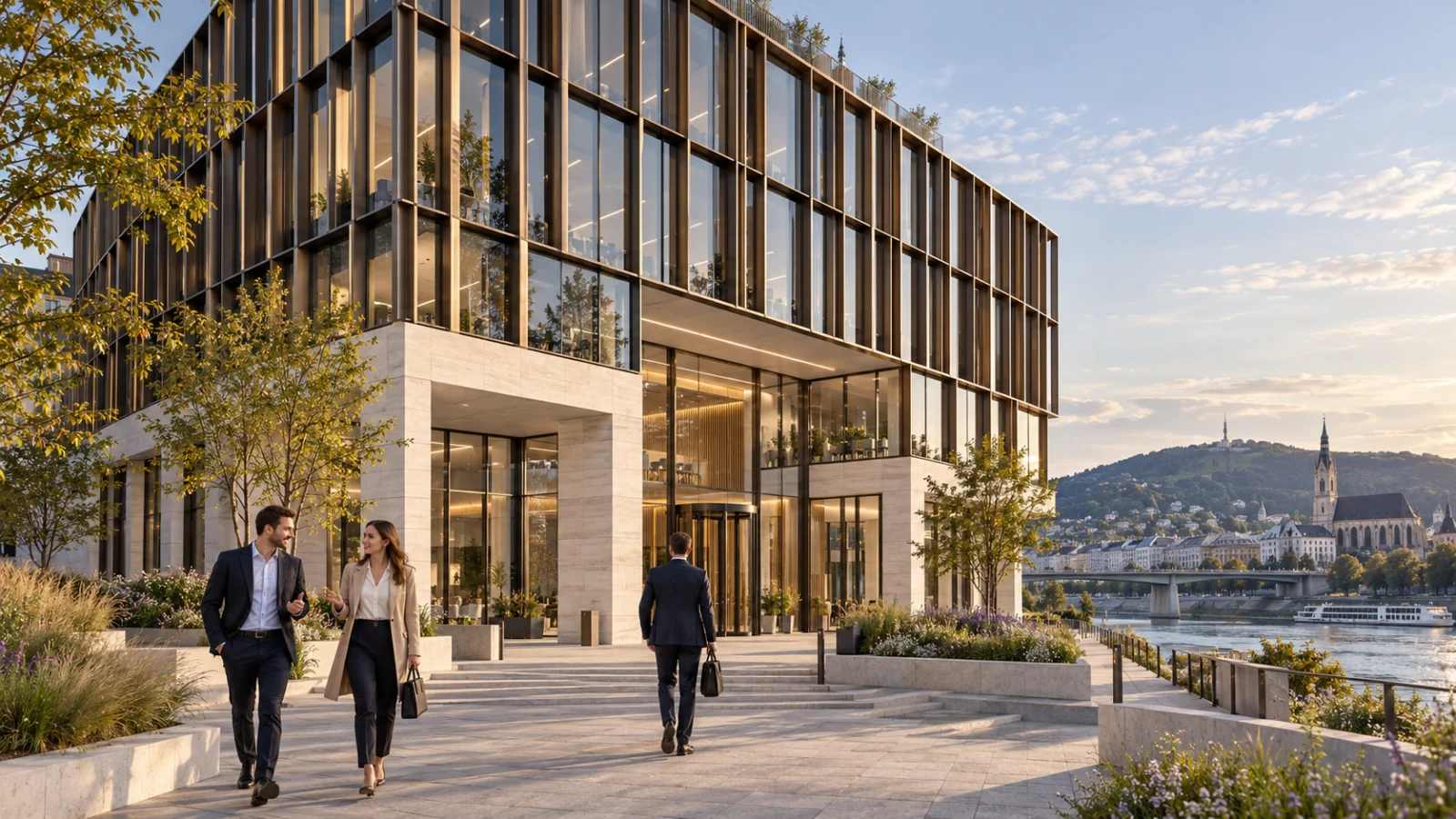 Commercial office exterior building facade alongside river setting — Architectural Design