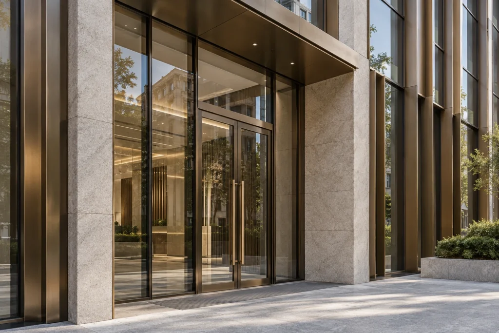 Commercial office entrance with bronze frames and glass doors — Exterior Facade Renderings