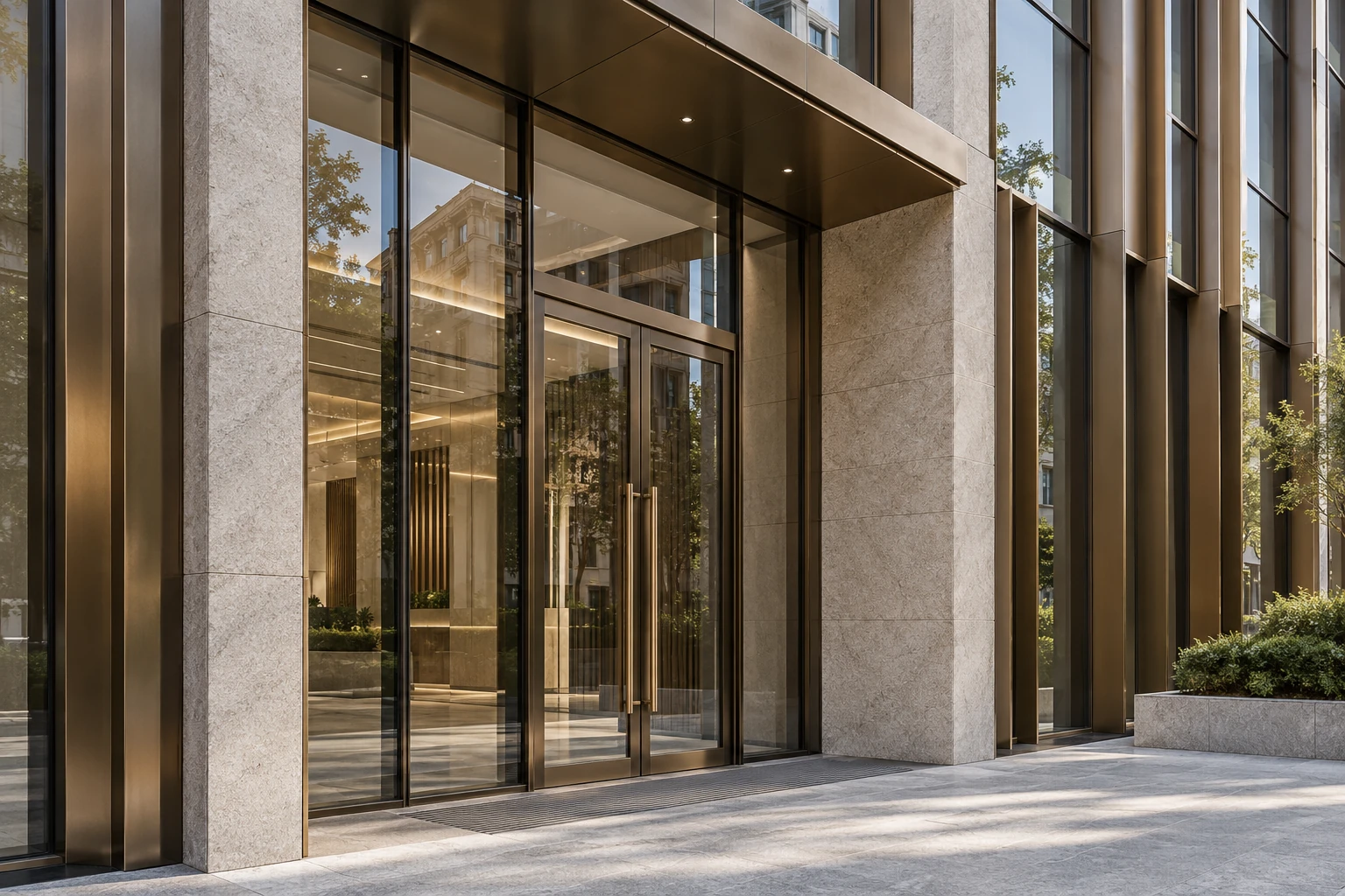 Commercial office entrance with bronze frames and glass doors — Exterior Facade Renderings