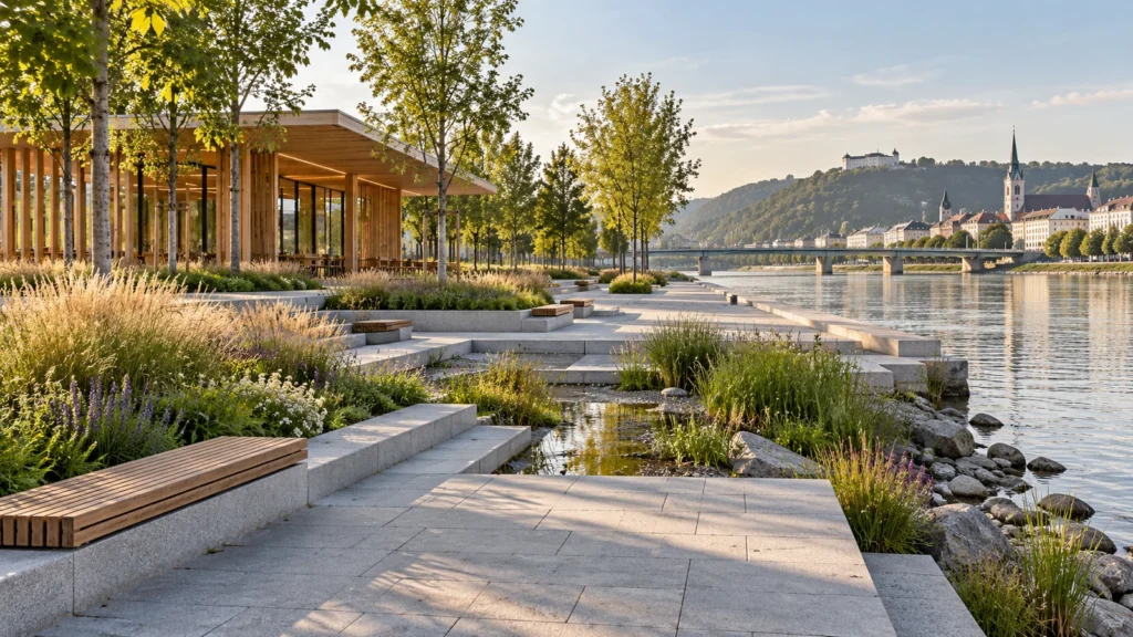 Riverside park landscape design concept with wooden benches
