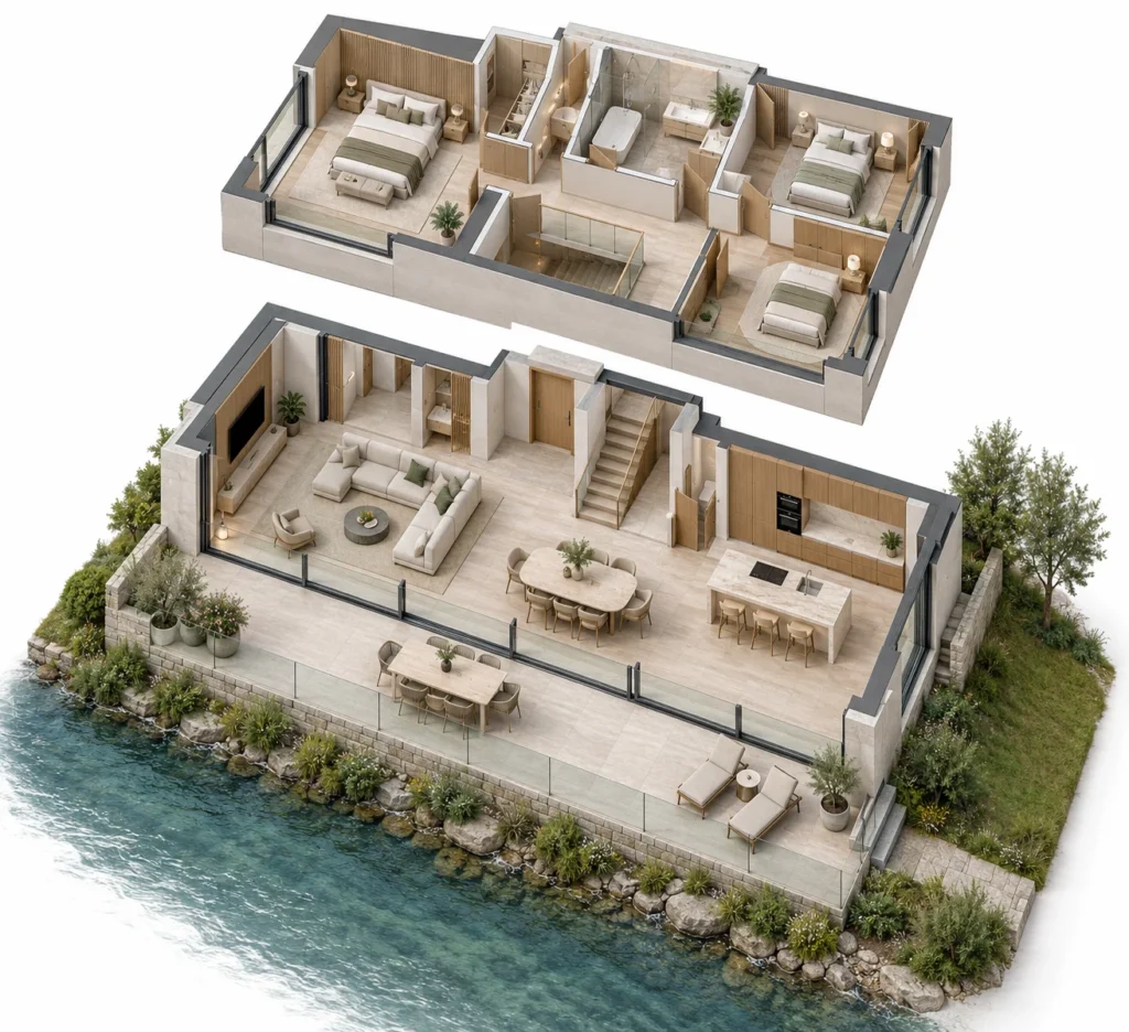 Two-level 3D floor plan of a riverside villa in Linz with furnished rooms and terrace