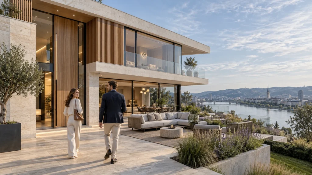Riverside villa exterior rendering with warm facade lighting — Photorealistic Exterior And Interior Renders