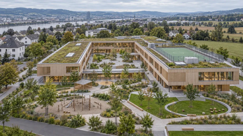Aerial view of school campus building with green roof gardens — Photorealistic Exterior And Interior Renders