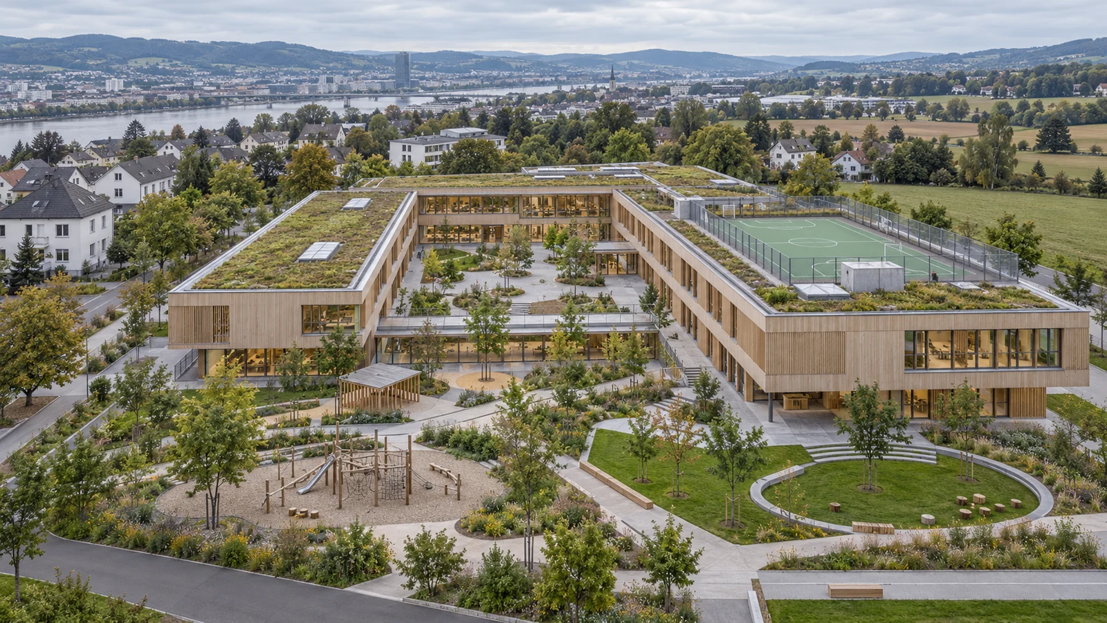 Aerial view of school campus building with green roof gardens — Photorealistic Exterior And Interior Renders