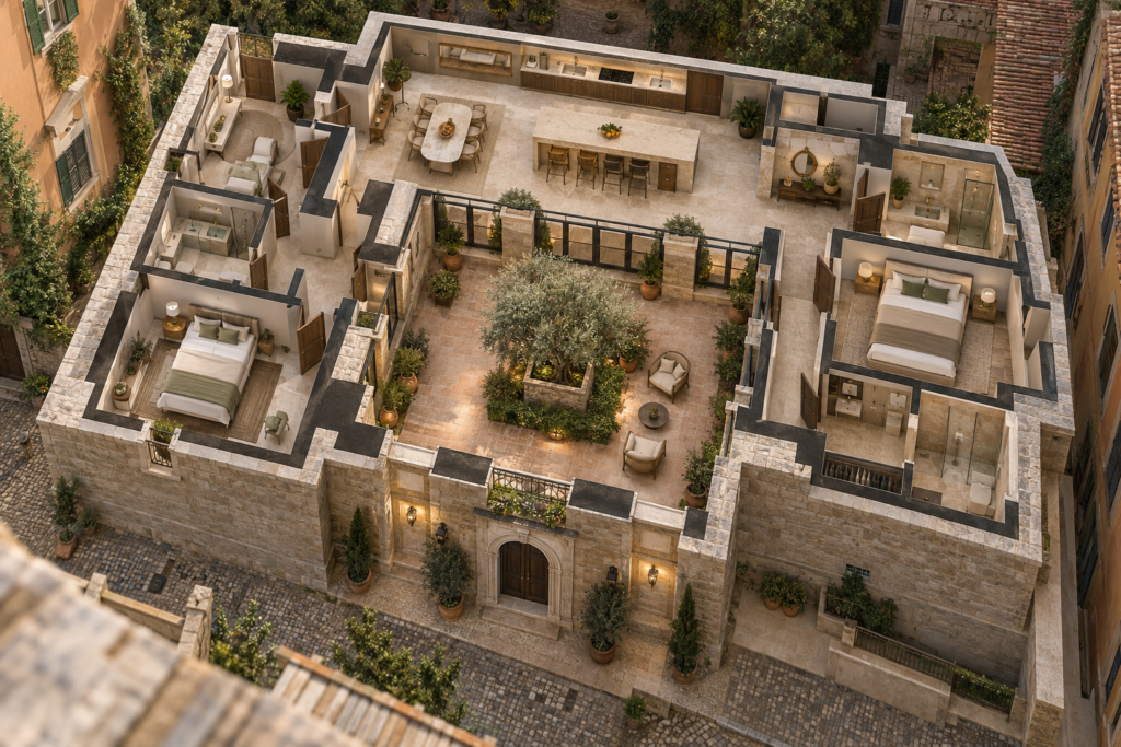 Top-down 3D floor plan of a luxury Roman residence with a central courtyard and open-plan kitchen in Rome, Italy