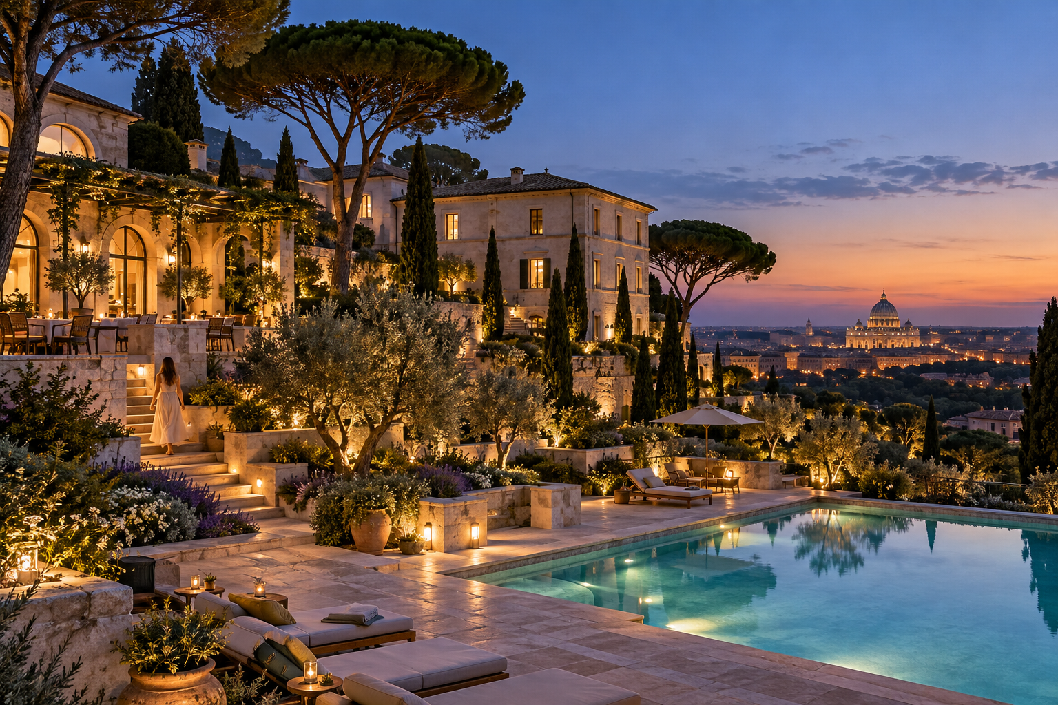 Luxury villa exterior illuminated at twilight with swimming pool and hillside landscape — Realistic Lighting