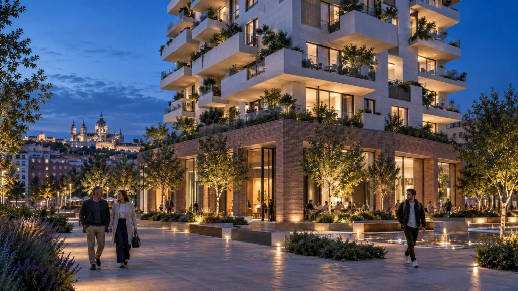 Blue hour view of a tall residential apartment tower in Madrid — Resort 3D Rendering Spain