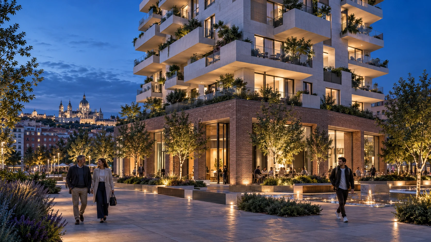 Blue hour view of a tall residential apartment tower in Madrid — Resort 3D Rendering Spain