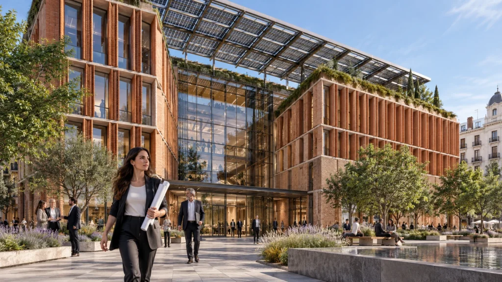 Daylight view of a commercial office building with solar roof panels in Madrid โ Villa Rendering Spain