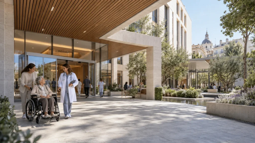Daylight view of a hospital clinic entrance with wooden ceiling overhang in Madrid