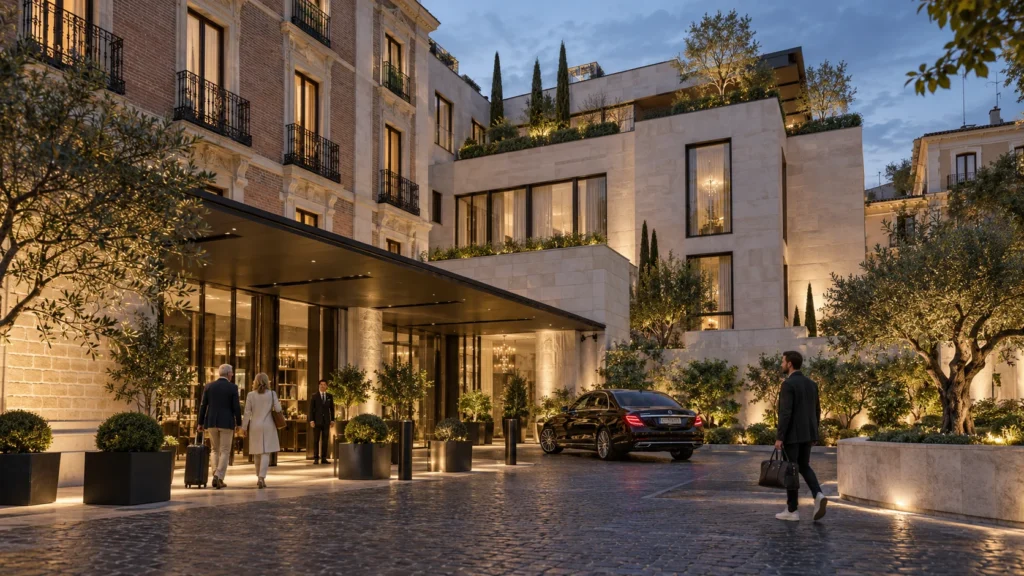 Dusk view of a hotel resort exterior and entrance driveway in Madrid — Property Marketing Renders Madrid