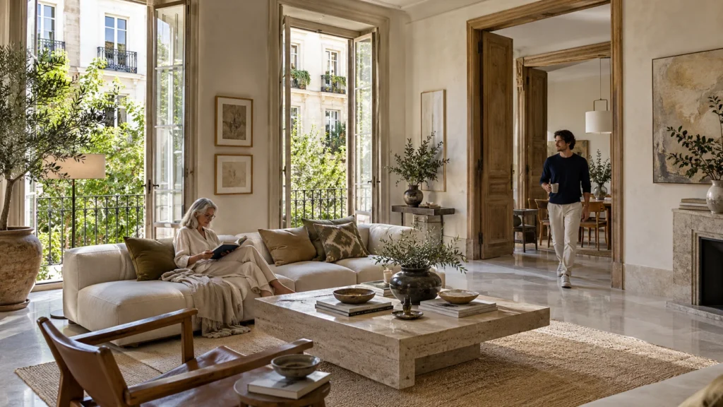 Daylight view of a luxury apartment interior living room in Madrid โ Resort 3D Rendering Spain