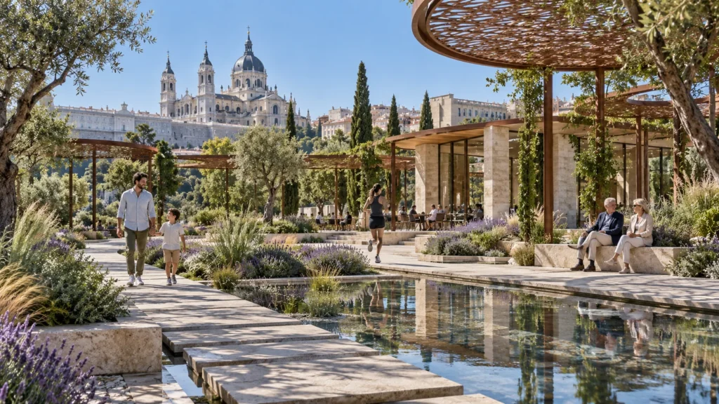 Daylight view of a landscaped garden courtyard with water feature in Madrid