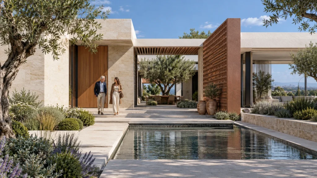 Daylight courtyard view of a luxury residential villa in Spain โ Property Marketing Renders Madrid