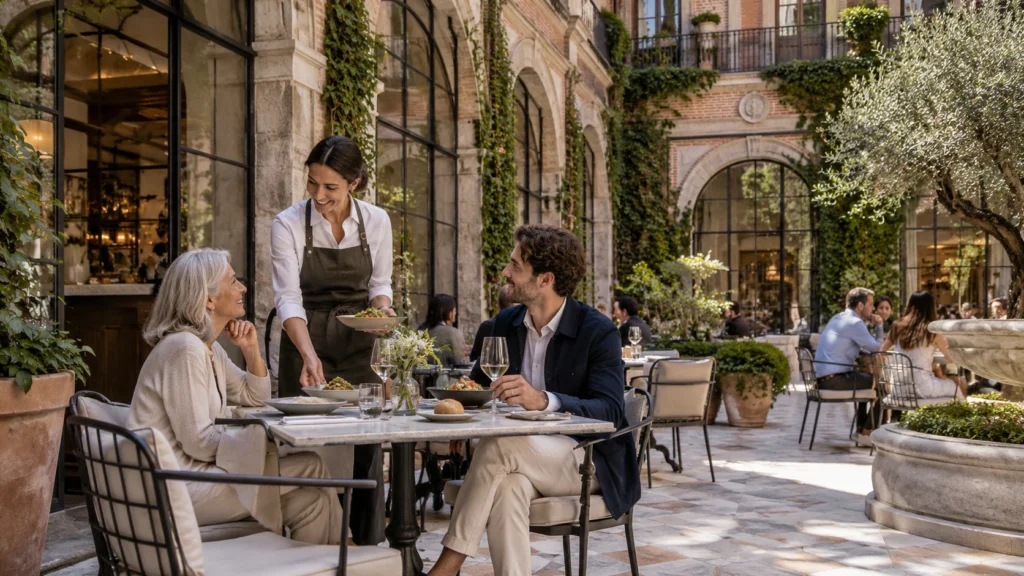 Daylight view of an outdoor restaurant cafe seating area in Madrid โ 3D Architectural Rendering Spain