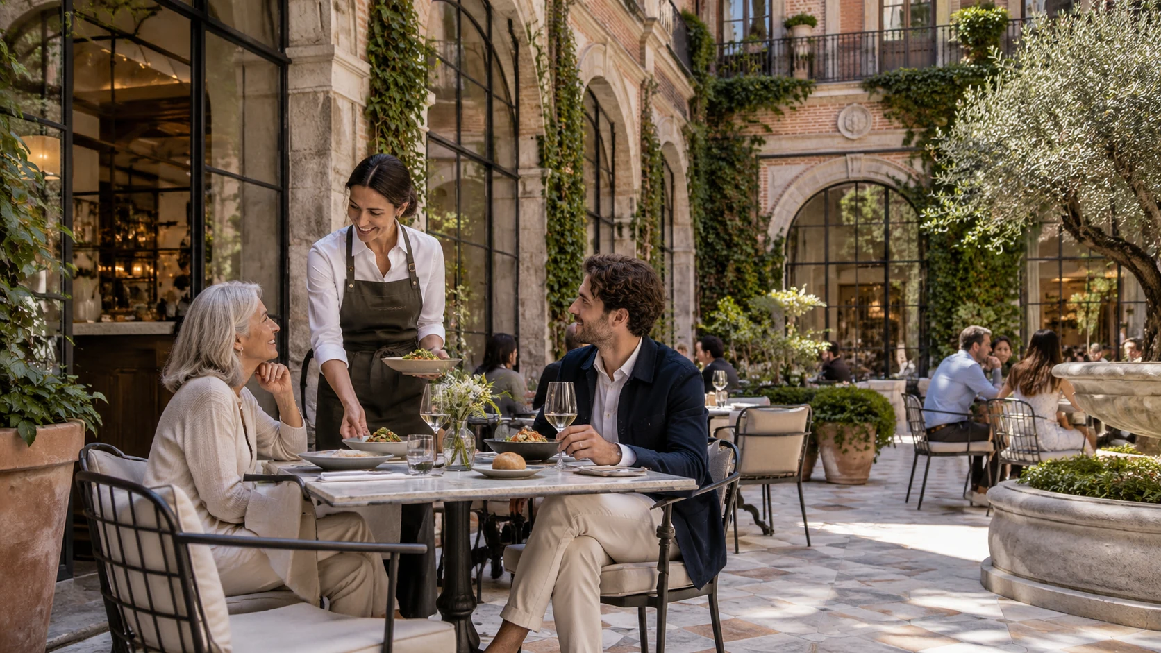 Daylight view of an outdoor restaurant cafe seating area in Madrid — 3D Architectural Rendering Spain