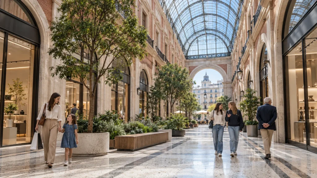 Daylight view of a shopping mall interior arcade with glass vaulted roof in Madrid — Villa Rendering Spain