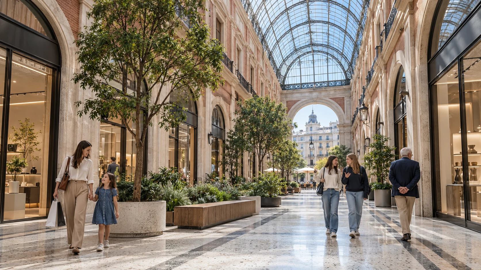 Daylight view of a shopping mall interior arcade with glass vaulted roof in Madrid — Villa Rendering Spain
