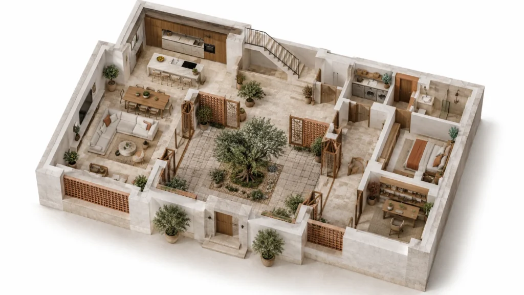 Courtyard Villa Conceptual 3D Floor Plan concept in Madrid, Spain — architectural visualization by Yantram Studio