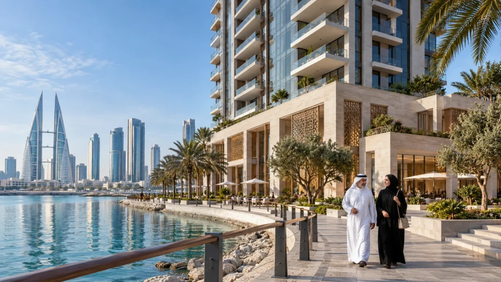 Modern residential apartment tower facade under clear daylight in Bahrain โ Real Estate 3D Visualization Bahrain