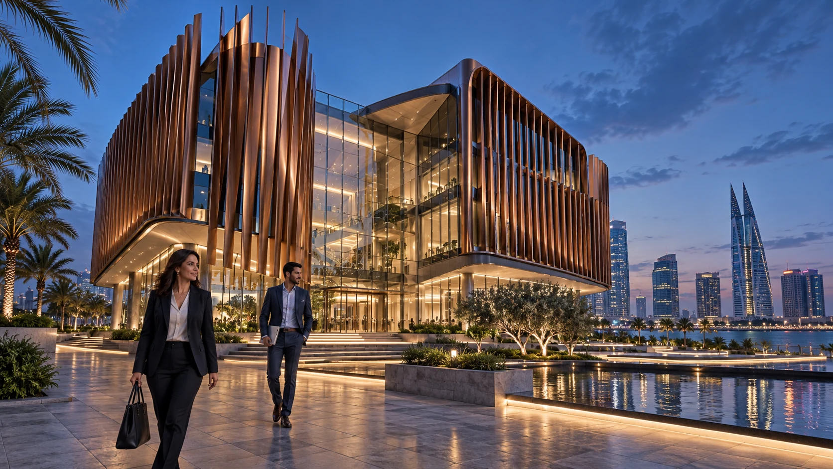 Commercial office building exterior during blue hour in Manama — Residential Development Rendering Bahrain