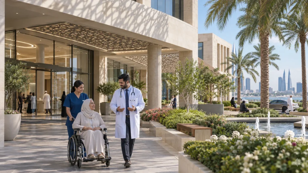 Exterior entrance of a modern hospital and clinic with landscaped gardens in Manama โ 3D Rendering Services Bahrain
