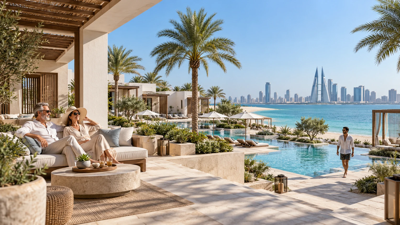 Luxury hotel resort terrace with swimming pool and coastal views in Bahrain — 3D Rendering Services Bahrain