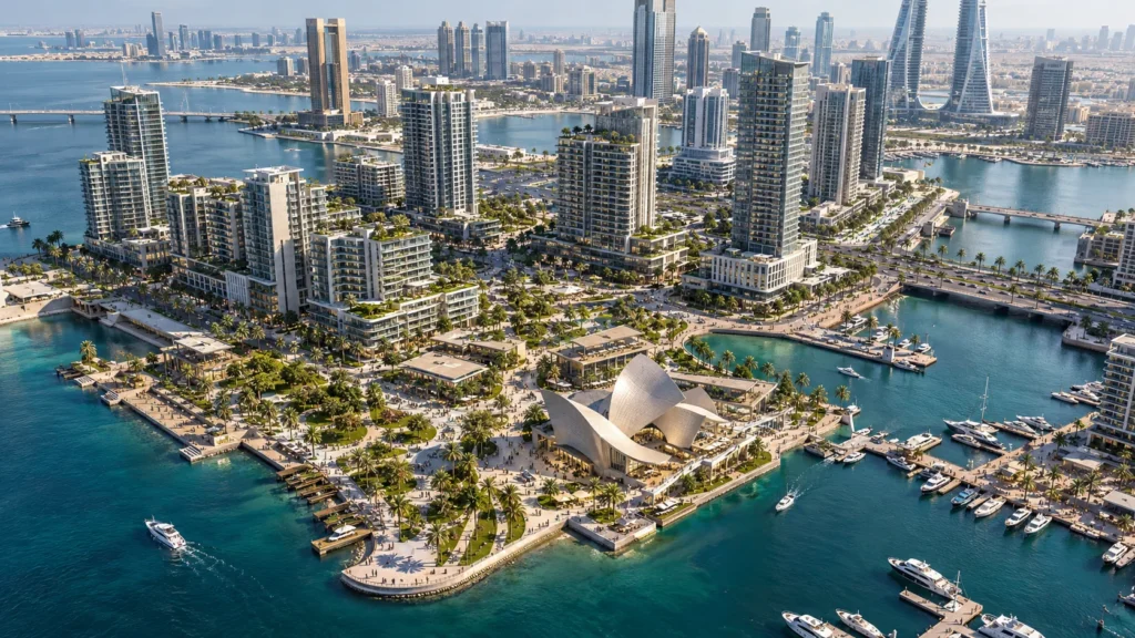 Aerial view of mixed-use master plan development along the coastline in Bahrain