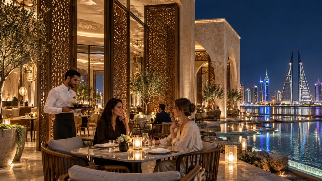 Outdoor restaurant and cafe terrace at night overlooking the city skyline in Manama โ 3D Architectural Visualization Manama