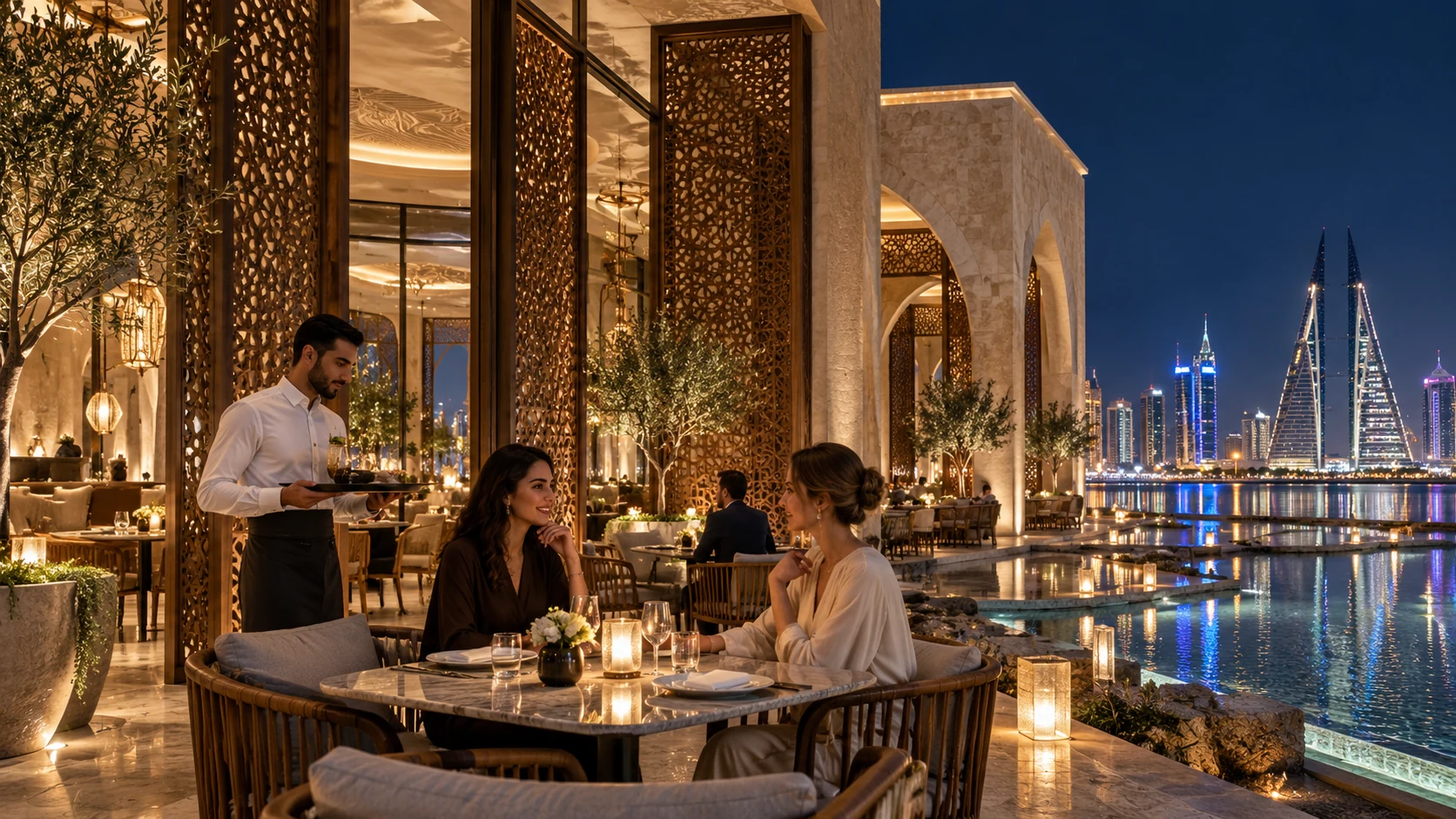 Outdoor restaurant and cafe terrace at night overlooking the city skyline in Manama — 3D Architectural Visualization Manama