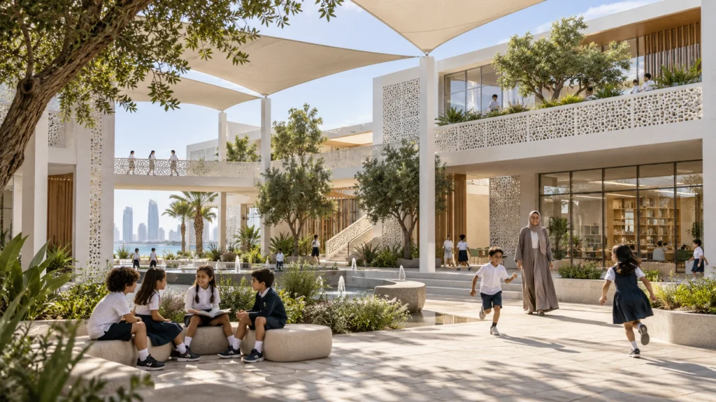 Open courtyard of a school with students and shaded tensile structures in Manama โ Residential Development Rendering Bahrain