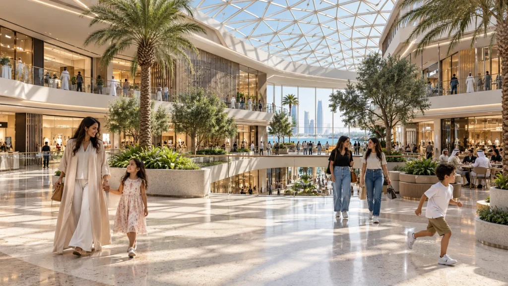 Interior atrium of a shopping mall with glass skylight and visitors in Bahrain — Real Estate 3D Visualization Bahrain