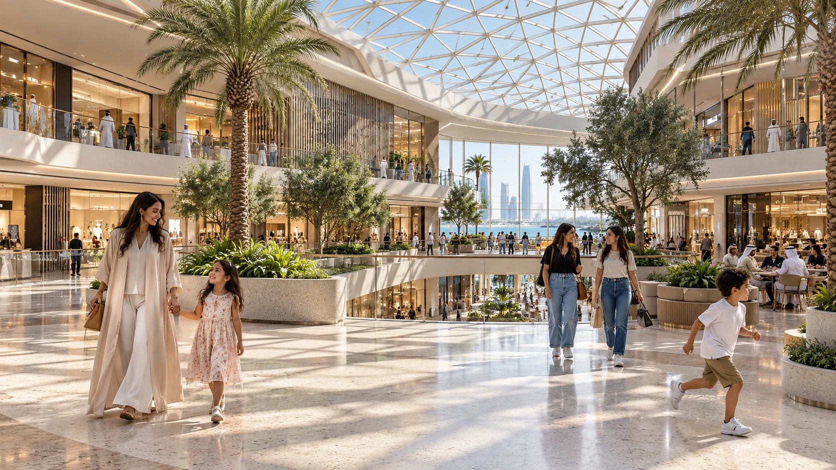 Interior atrium of a shopping mall with glass skylight and visitors in Bahrain — Real Estate 3D Visualization Bahrain